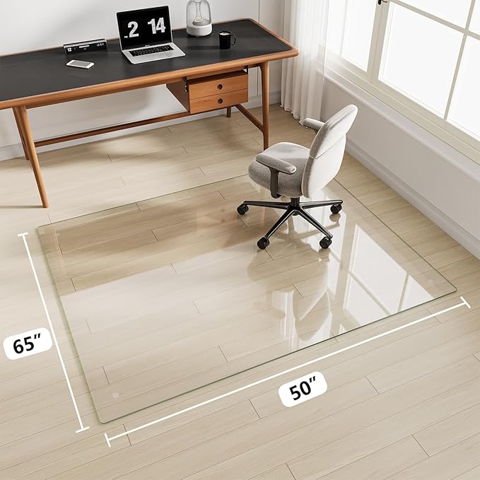 FlyEcho Glass Chair Mat 50" x 65" Heavy Duty Tempered Glass Office Chair Mat, Glass Floor Mat with Round Corner and Polished Edge for Smooth Glide, Carpet Hardwood Floor Protector