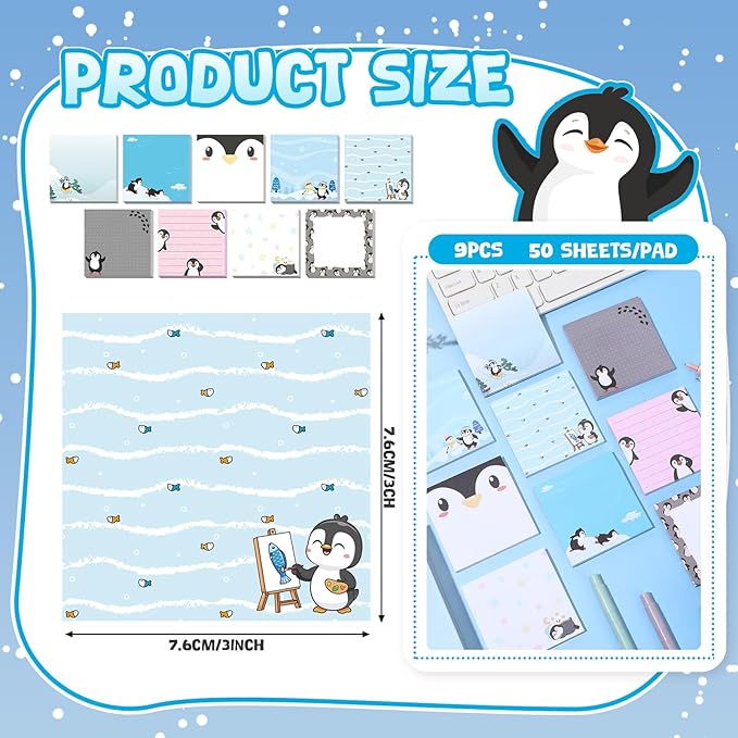 9 Pads Penguin Sticky Notes 3x3 Inch Cute Self Stick Notepads Notes Adhesive Memo Pad Office Decor Gifts for Students School Teacher Meeting Office Supplies