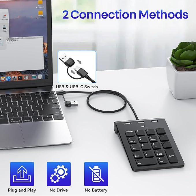 2-in-1 Number Pad & USB Hub with USB-C and USB-A Cables, 15° Ergonomic Wired Numpad with 3 USB 2.0 Ports , Number Keypad for Laptop/iPad/MacBook/PC/Windows/MacOS,No Adapter Needed USB Number Keypad