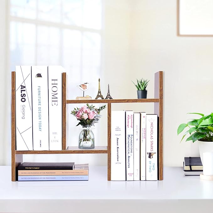 J.M.Deco Desktop Organizers and Storage for Office, Adjustable Desktop Organizer Shelf Double H Display, True Natural Stand Shelf, Desktop Shelf Organizer Natural Wood Tone