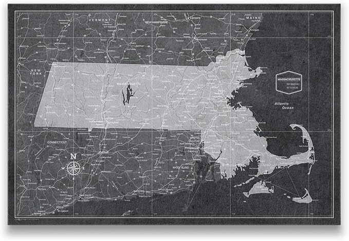 Conquest Maps Push Pin Massachusetts Map Board - With Push Pins to Mark Massachusetts Travels - Handmade in Ohio, USA - Design: Modern Slate