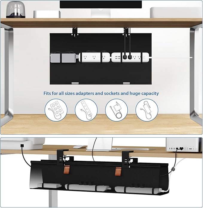Zilink No Drill Under Desk Cable Management Tray 30" Cord Organizer for Table Clamp/Screw Mount Desk Cable Management Sturdy Waterproof Fabric Cord Hiders for Office, Home