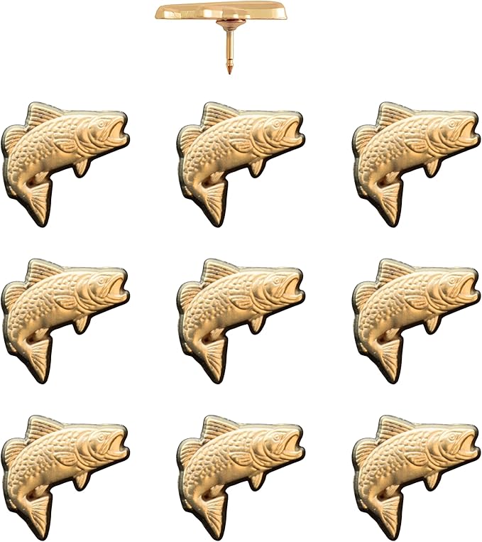 Fish Push Pins - Gold Trout Map Pins - Fishing Map Tacks for Cork Boards, Maps, or Lapel Use - Designed in USA - Set of 10