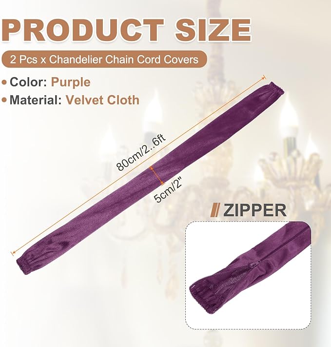 PATIKIL 2.6ft Chandelier Chain Cord Cover, 2 Pcs Velvet Cloth Fabric Chain Sleeve Decorative Cord Covers for Chandelier Wires Swing Cable, Zipper Style, Purple
