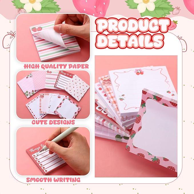 9 Pads Strawberry Sticky Notes 3x3 Inch Cute Self Stick Notepads Notes Adhesive Memo Pad Office Decor Gifts for Students School Teacher Meeting Office Supplies