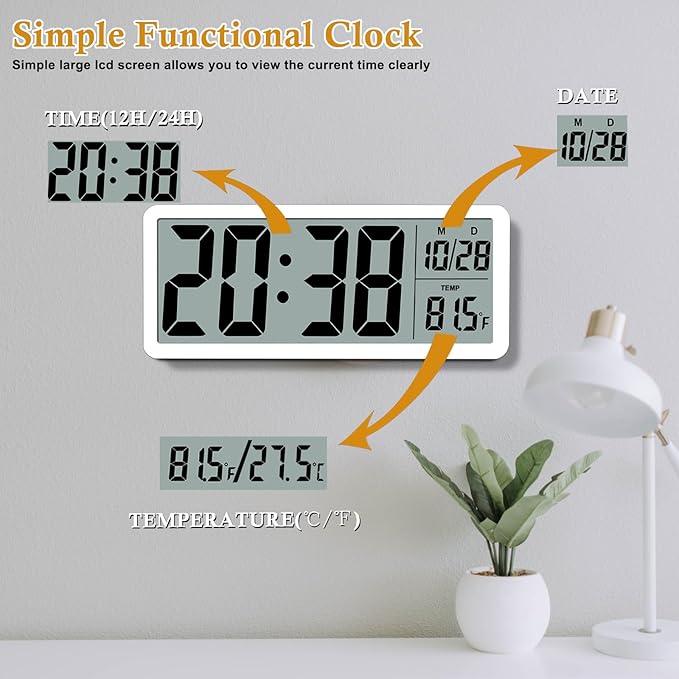 8.5" Modern Digital Wall Clock, Battery Operated, White, Simple LCD Display with Temperature/Date/Time - 12/24H, Small Digital Clock for Bedroom, Living Room Decor