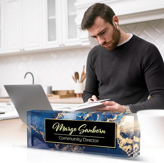 Personalized Name Plate for Desk Custom Acrylic Desk Name Plate Custom Employee Appreciation Gifts Office Gifts for Women, Men, Boss, Coworkers, Teacher, Nurse (A-Blue Marble)