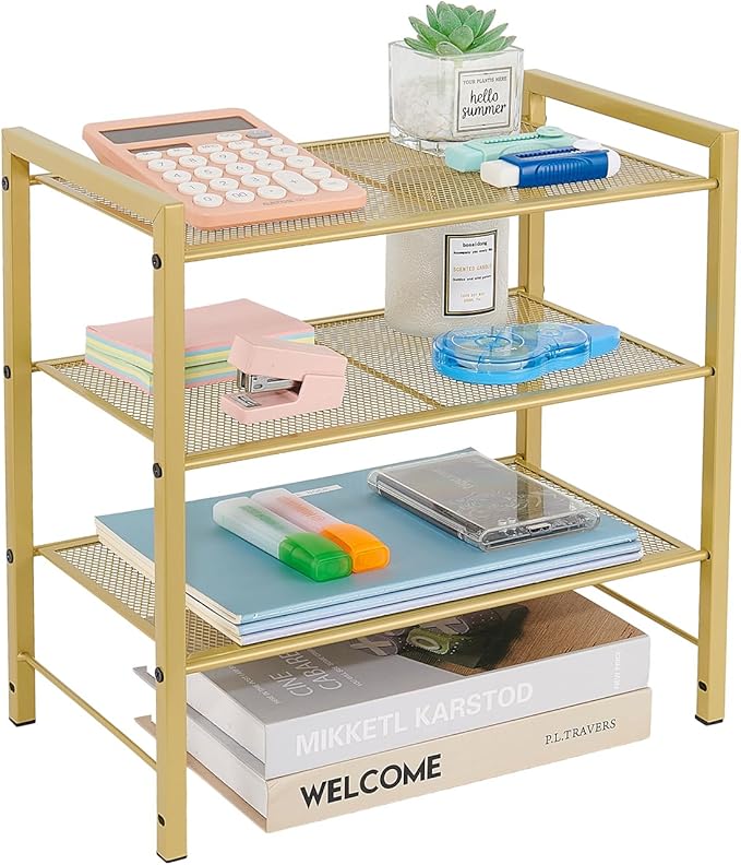 Desktop Shelf Organizer, 3-Tier Office Storage Rack, Adjustable Metal Bookshelf for Top of Desk, Desk Organizer for Office, Home, Dorm and Small Spaces (Gold)