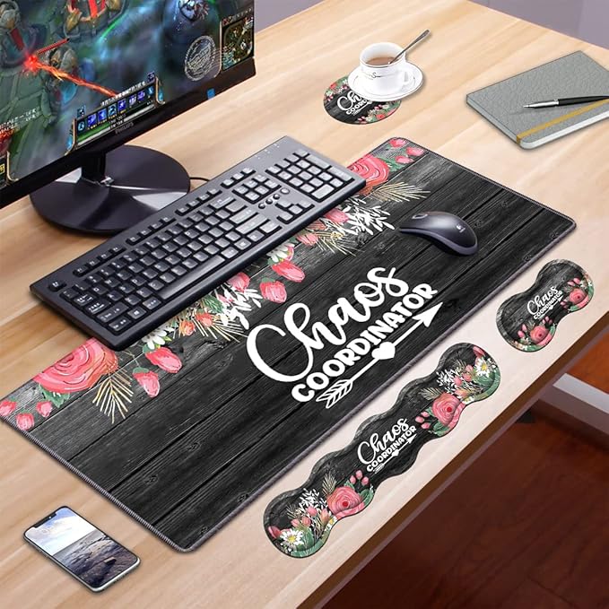Ergonomic Keyboard Wrist Rest & Mouse Pad Wrist Rest Set,Large XXL Gaming Desk Mat 31.5"x 11.8",Non-Slip Base,Memory Foam,Easy Typing Pain Relief, Chaos Coordinator Quotes Colored Floral Wreath Print