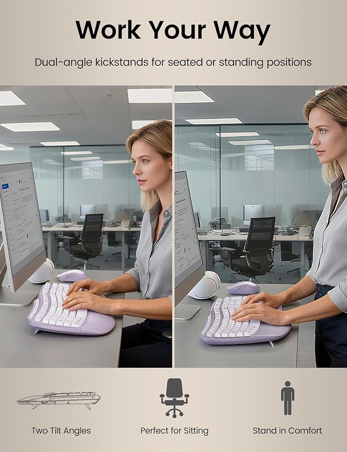 Purple Ergonomic Wireless Keyboard and Mouse Combo, Sablute 2.4G Full Size Ergo Wave Key Board with Cushioned Plam Rest, Natural Typing, 3 DPI Adjustable Silent Mouse for Computer/Laptop/Windows/Mac