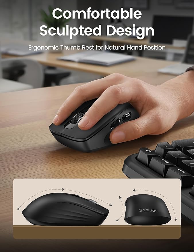 Ergonomic Wireless Keyboard and Mouse Combo, 2.4G Full Size Wave Key Board with Cushioned Palm Rest, Natural Typing, 3 DPI Adjustable Mouse, USB-A & C for Computer/Laptop/Mac/Tablet – Sablute