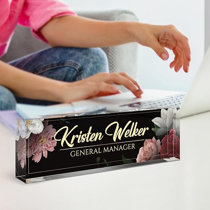 Name Plate for Desk, Desk Name Plate Personalized, Office Decor for Women Men, Acrylic Desktop Accessories, Office Appreciation Gifts for Boss Social Workers Nurse Teacher Employee (Black/Flowers)