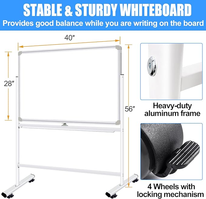Dry Erase Board with Stand - 40x28 Inches Double-Sided Mobile Standing Whiteboard on Wheels, Rolling White Board for Home Classroom Office School, Magnetic Whiteboard Easel for Meeting, Training