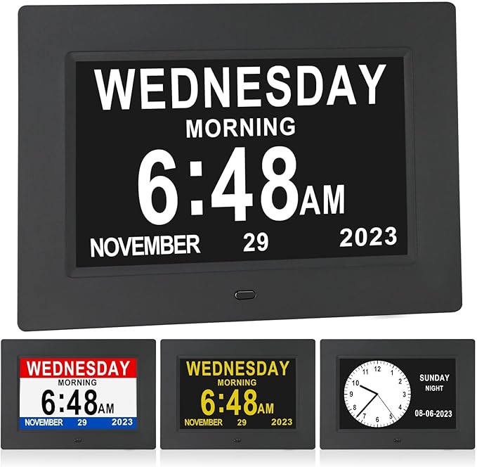 7 Inch Extra Large Day Date Time Digital Day Calendar Clock with Auto-Dimming 12 Alarm Reminders Dementia Clocks for Senior Elderly impaired Vision Memory Loss