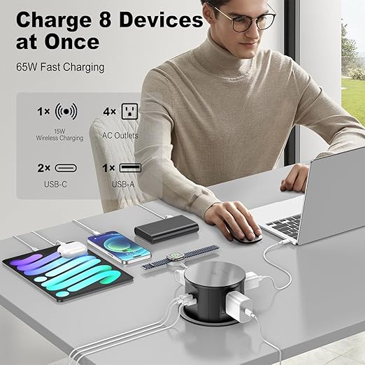 Pop Up Countertop Outlet with 15W Wireless Charger, PD 65W USB-C Ports & 4 AC Outlets, 800J Surge Protection, 4.75 inch Pop Up Electrical Outlet, 6Ft Cord for Home Office(ETL & FCC Listed)