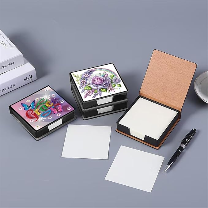 Flower Diamond Painting Note Box Memo Pad Holder, Rose Diamond Art Sticky Notes Organizer for Desk, Aesthetic Stationery Storage Case for Office,School Supplies (Rose)