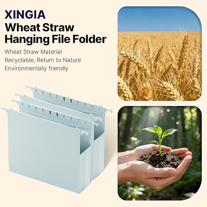 Wheat Straw Plastic Hanging File Folders Letter Size, 2'' Expansion Extra Capacity Filing Cabinet Folders with Tabs, 12 Pack Reinforced Accordion File Organizer for Office School(Morandi Blue)