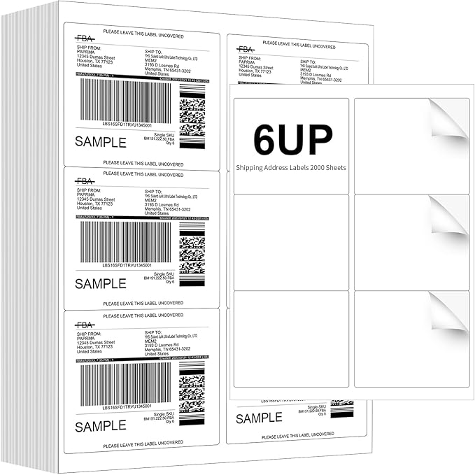 PAPRMA 3-1/3" x 4" Shipping Address Label 2000 Sheets, Laser&Inkjet Printer Label 8.5x11in Printable Sticker Paper 6up/Page, White Mailing Labels for Package Envelope