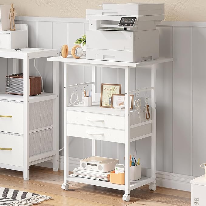 Large Printer Stand with Storage Fabric Drawer Under Desk Printer Table with Wheels for Home Office, Printer Cart fit Fax Machine Scanner (White, 3 Tiers)