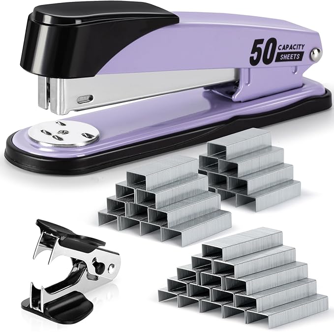 Deli Stapler Heavy Duty, Full Strip Staplers for Desk with 2000 Staples and Staple Remover, 50 Sheet Capacity, No Jam, Non-Slip Office Stapler with Staples for Office, Classroom, Purple