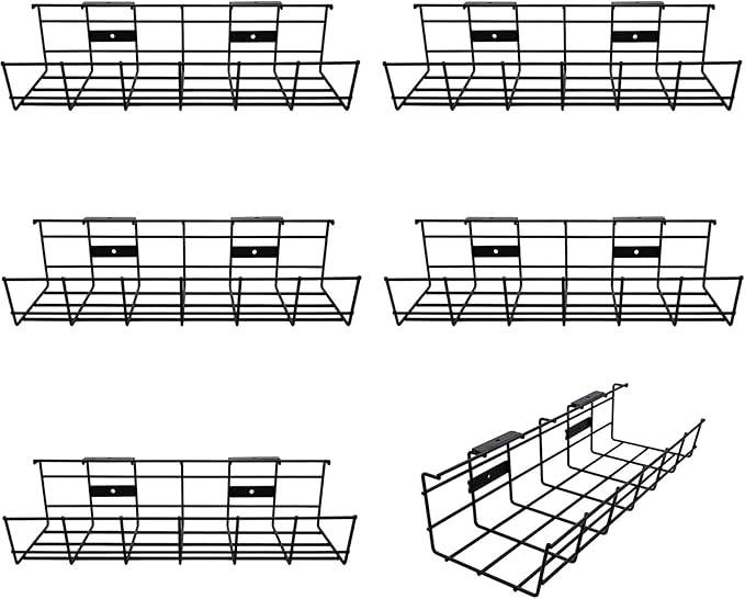 Under Desk Cable Management- 6 Pack Cord Organizer. Metal Wire Cable Management Tray for Office, Studio and Home. Super Sturdy Under Table Cable Managements - Black Cable Organizer