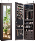 Giantex Wall Door Mounted Jewelry Cabinet with Full Length Mirror, Lockable Over Door Jewelry Armoire with LED Lights, 47.5" Large Jewelry Storage Organizer with 6 Drawers, Espresso