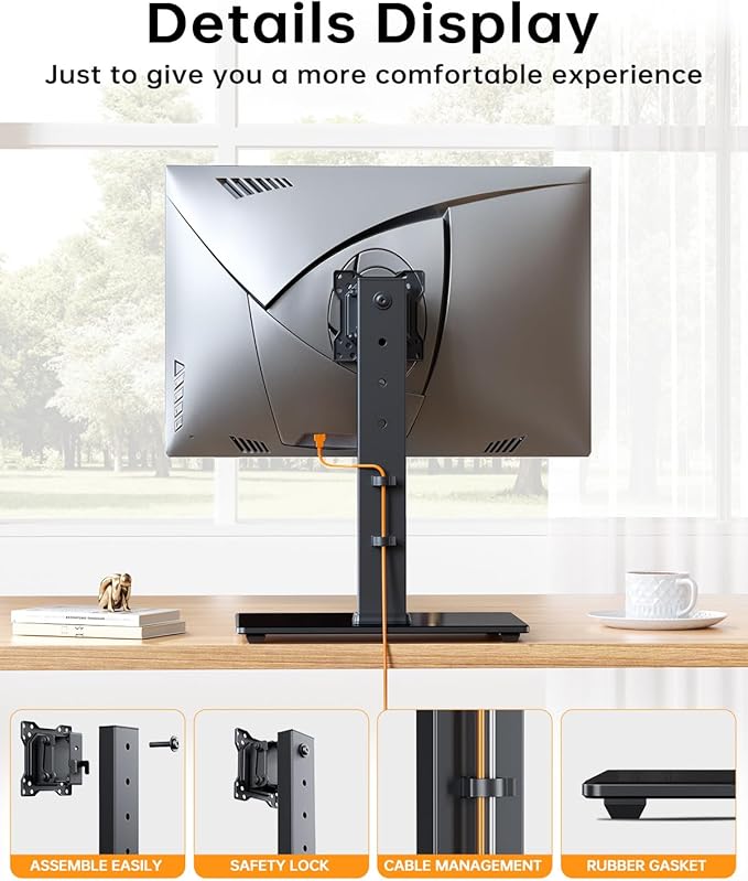 Single Monitor Stand, FreeStanding Desk Stand for 13-32 inch Screens, VESA Mount Monitor Riser with Swivel, Tilt, Rotation, 4 Height Options, Tempered Glass Base, Max Load 77lbs VESA 75x75mm-100x100mm