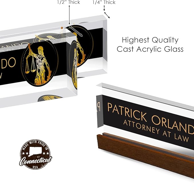 Artblox Personalized Office Desk Name Plate and Business Card Holder | Clear Acrylic Glass with Teak Wood Stand | Lawyer Design Customized with Your Name and Credentials Office Desk Decor