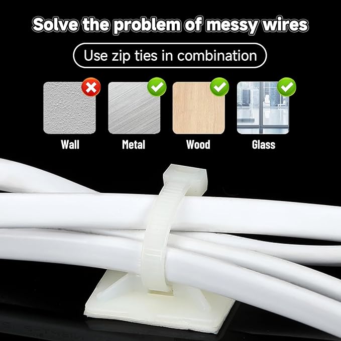 100Pcs Adhesive Zip Tie Mount, 1.1in White Cable Tie Mount, Plastic Zip Tie Mounting Squares, Sturdy Zip Tie Sticky Mounting Pads for Cable Organizer (White, 1.1"-100pcs)