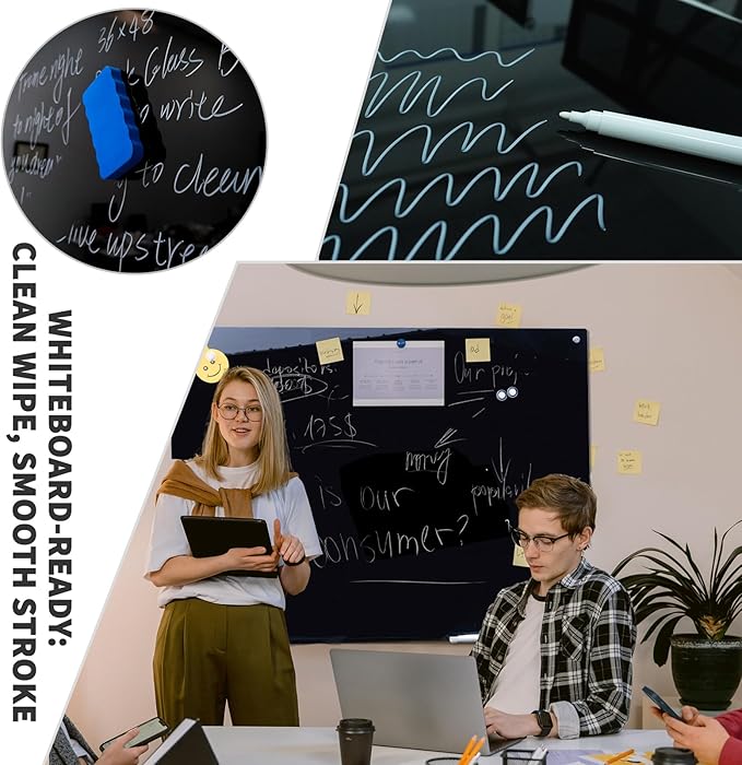 Magnetic Glass Black Board 48"x36" Glass Dry Erase Blackboard Tempered Glass Whiteboard Wall Mounted for Office School Home (Black)