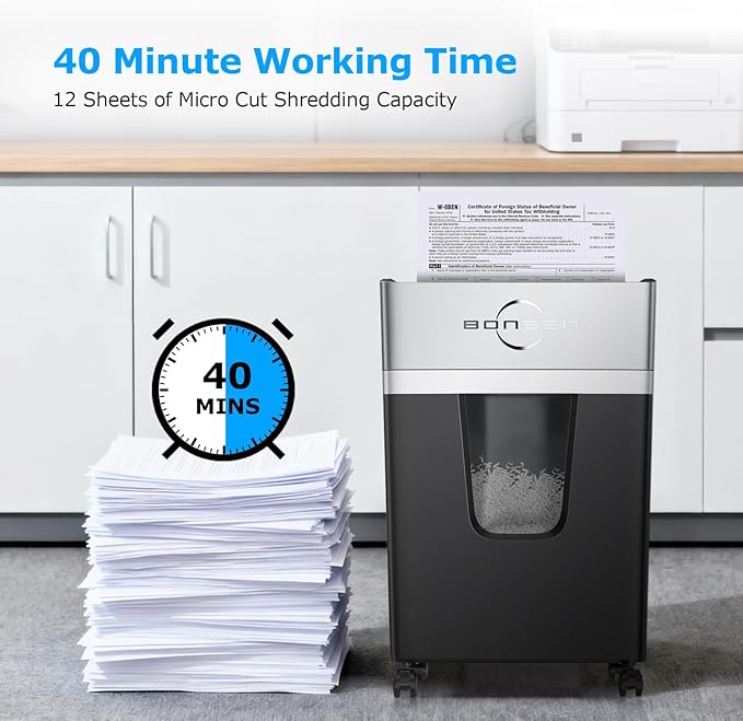 BONSEN 12-Sheet Micro-Cut Home Office Shredder with 5.3 Gal Bin, 40-Minute P-4 Security Level Paper Shredder for Plastic Credit Card, Staples, with Transparent Window & Anti-Jamming System, S3106