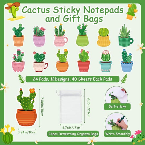 24 Sets Cactus Sticky Notes and Cactus Shaped Ballpoint Pens, Cute Self-Stick Notepads Plant Memo Pads for Office Supplies Party Favors, Christmas Gifts for Coworkers Teachers