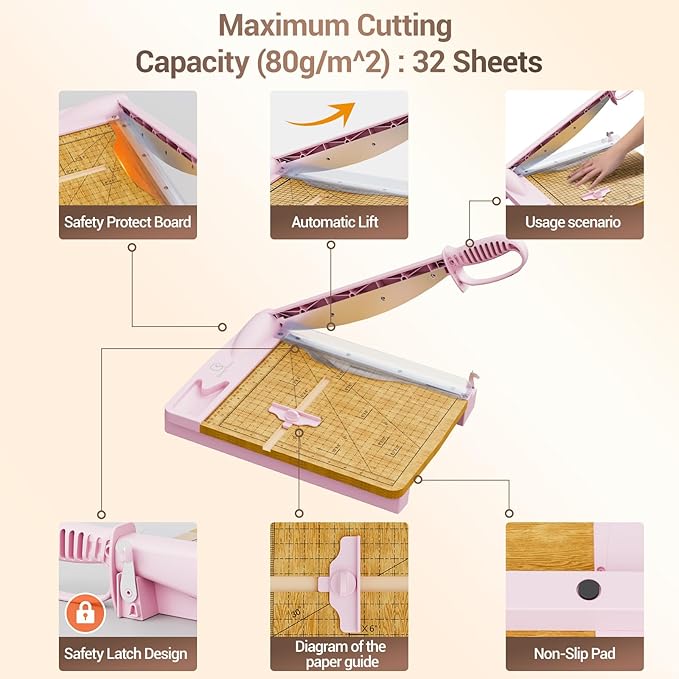 12 Inch Heavy Duty Paper Cutter, Wood Guillotine Paper Cutter & Paper Trimmer, 30 Sheets Capacity Paper Cutting Board for Classroom, Crafting, Cardstock Pink
