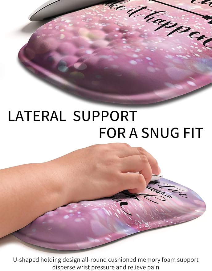 Hokafenle Ergonomic Wrist-hugging Mouse Pad Wrist Support, U-shaped Holding Wrist Rest Mousepad for Carpal Tunnel Pain Relief with Cushioned Memory Foam Slope Massage Bulge (10.2x8.3 in,Stay Positive)