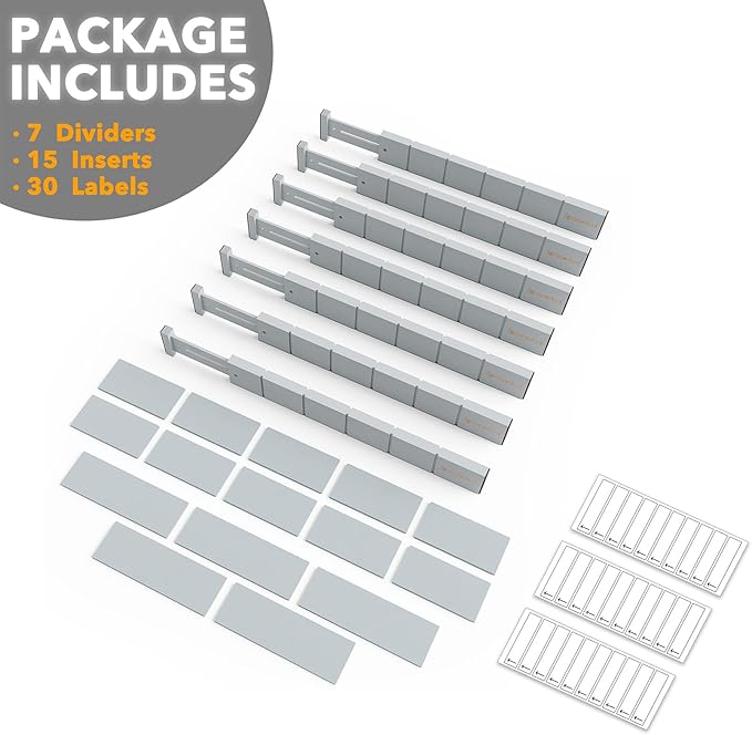 SpaceAid Bamboo Drawer Dividers with Inserts and Labels, Kitchen Adjustable Drawer Organizers, Expandable Organization for Home, Office, Dressers, 7 Dividers with 15 Inserts (17"-22" Gray)