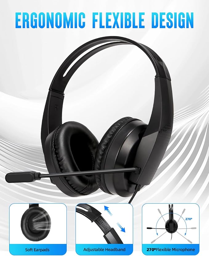 Grstltd Wired Headset with Mic for Laptop – Computer Headset for Kids Teens Adults with Noise Canceling Microphone & Volume Control – 3.5mm Stereo Headphones with Mute for Home Office Class