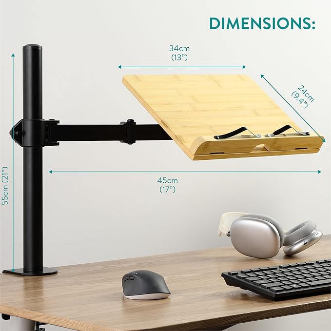 Navaris Book Stands with Clamp - Book Holder for Reading - Bamboo Books Stand - Works for Music, E-Readers or Tablets - 13.39 x 17.72 x 21.65 (34 x 45 x 55 cm)