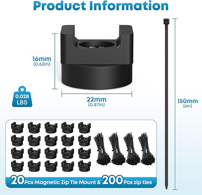 AIYOTAR 220pcs Heavy Duty Zip Tie Organizer Kit - Includes 200pcs Zip Ties & 20pcs Magnet Mounts, Wire Clamps, Holders for Home Office Car Garage Cable Management