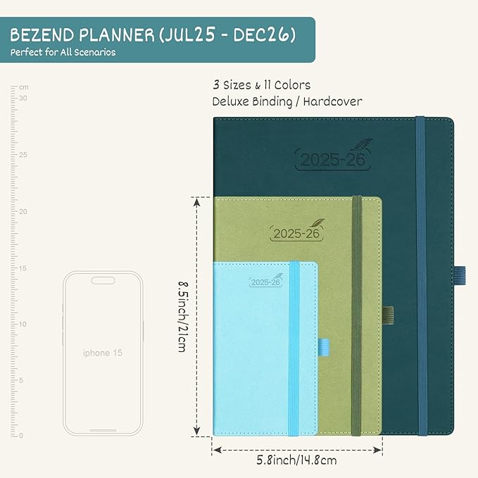 BEZEND 2026 Planner Weekly and Monthly (6" x 8.5") Daily Calendar Book with Tabs (Jul 25-Dec 26) Vertical Hourly Timeslots, Storage Pocket, Pen Holder, PU Leather Hardcover - Kiwi