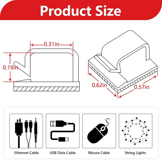 100PCS Cable Clips, Adhesive Wire Clips Organizer Cord Clips Management, Cable Staples Outdoor Strong for Wall, Desk, Christmas Lights, String Lights, Fairy Lights, Clear Glossy, Small