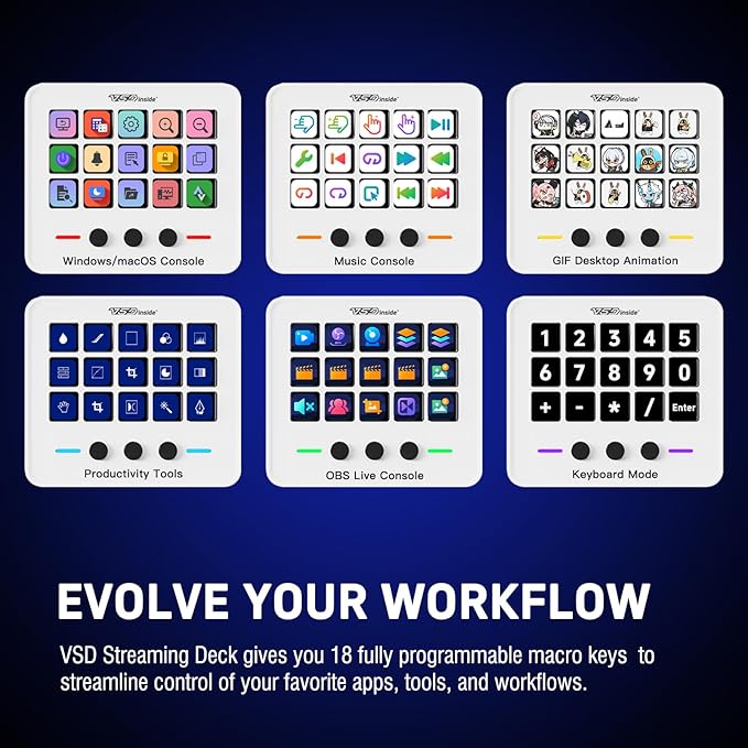 Macro Keypad, Stream Controller Deck Gaming Streaming Shortcut Keyboard, 18 Programmable Keys Customizable Visual AI Pad USB Soundboard for OBS, YouTube, Desk Office Setup, Laptop, PC, Mac