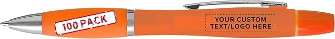 DISCOUNT PROMOS Personalized Two in one Highlighter Pens - 100 pack - Plastic Pens - Customizable Text, Logo - Orange