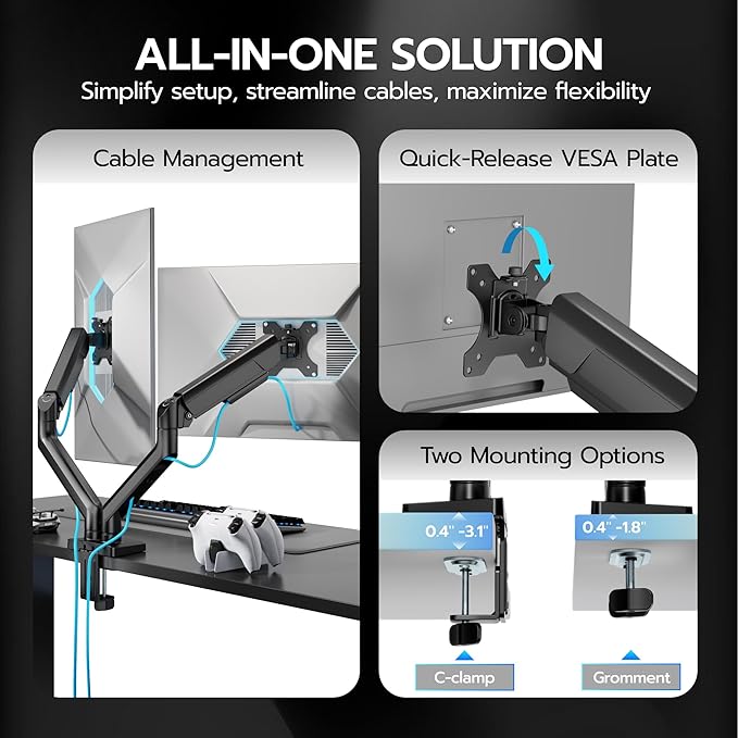 ARES WING Dual Monitor Mount, Heavy Duty Monitor Arms for 2 Monitors for 17-35 Inch, Fully Adjustable Monitor Desk Stand Ultrawide Screen, VESA 75x75 or 100x100mm, Black