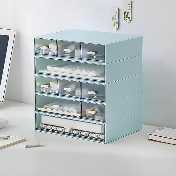 Desktop Organiser with 5 Drawers, Stackable Plastic Storage Box on Desk, Small Drawers Storage Unit for Home Collection, Cosmetics, Office Supplies (2 Flat Layers, Blue)
