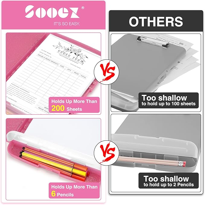 Sooez Glitter Clipboard with Storage, High Capacity Clip Boards 8.5x11 with Pen Holder, Cute Clipboards with Low Profile Clip, Sparkle Plastic Organizer Case Box for Women & Kids, Side Opening