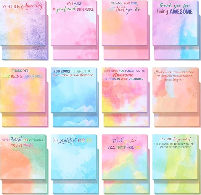 Yinder 24 Pcs Employee Appreciation Sticky Notes New Year Gift Bulk Motivation Sticky Note Pads Inspirational Gift for Teacher Nurse Staff Coworker Office Supply 3 x 3'' (Appreciation,Watercolour)
