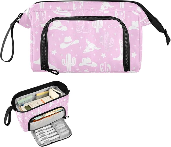 Western Cowboy Purple Pencil Case Pouch Big Capacity Pencil Bag Box Organizer Pen Case Pencil Pouch Aesthetic with Handle for Kids Boys Girls Women College Office