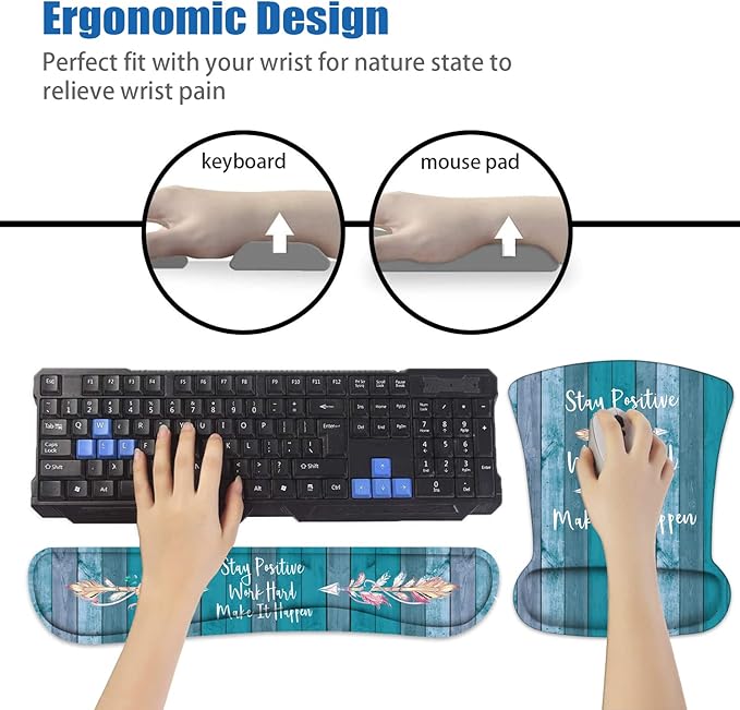 Keyboard Wrist Rest and Mouse Pad Wrist Support Set with Coasters, Stay Positive Work Hard and Make It Happen Inspirational Quote Wrist Mouse Pad with Non-Slip PU Base for Home Office Working Studying