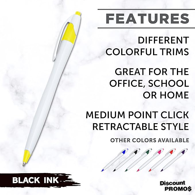 DISCOUNT PROMOS Slim Curvy Ballpoint Pens Set of 10, Bulk Pack - Black Ink, Retractable, Great for Office, School, Tradeshows - Yellow