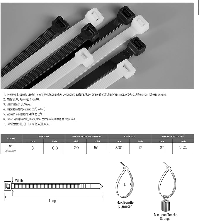 12-Inch Heavy-Duty Nylon Zip Ties, 100-Pack – 120lb Tensile Strength, Secure & Reliable for Industrial, DIY, Workshop, and Travel (Black/White) by LANGTSA